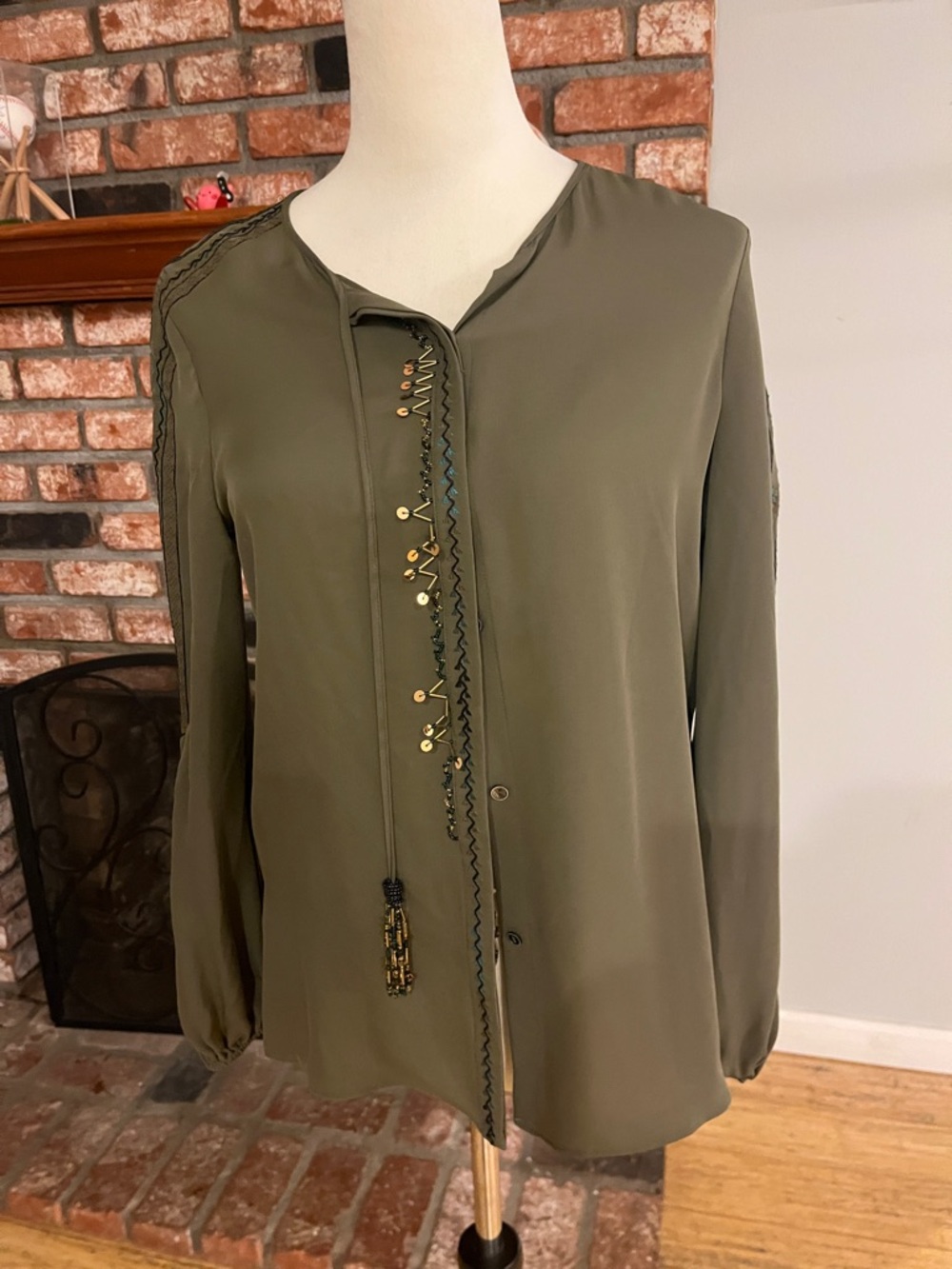 Kobi Halperin Olive Green Embellished Long-Sleeve Blouse- with blemish
